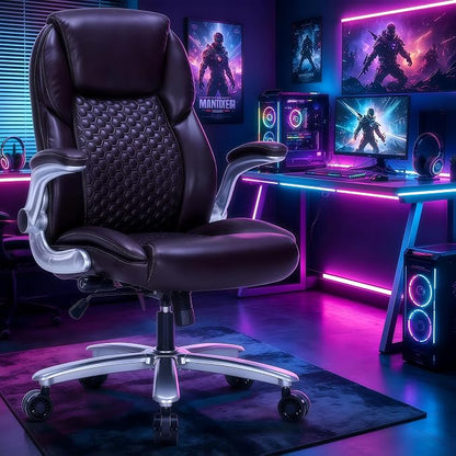 ZLHECTO® Big and Tall Executive Office Chair, PU Leather Swivel Desk Chair with Flip-up Arms, Adjustable Lumbar Support, Space-Saving Height Adjustable Rolling Computer Chair for Home & Office Use