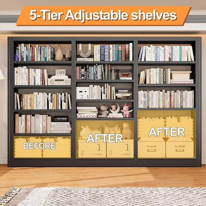 Bookshelf,5-Tier Industrial Book Shelf, White Bookcases and Bookshelves,Tall Book Shelf Storage Organizer,Freestanding for Living Room, Bedroom,Home Office,Metal (Black, Bookshelf-3)