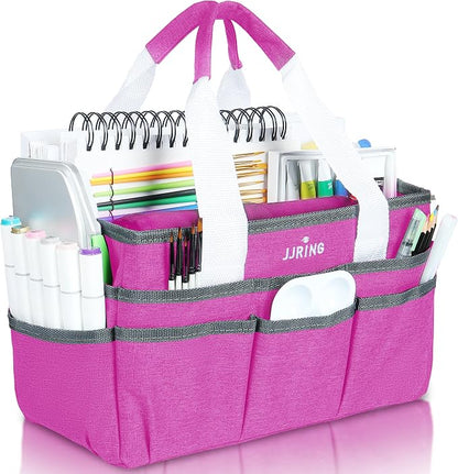 JJRING Craft Organizer Tote Bag, Art Storage Caddy with Multiple Pockets, Deep Red Sewing Bag for Art, Craft, Scrapbooking, School, Medical, and Office Supplies Storage