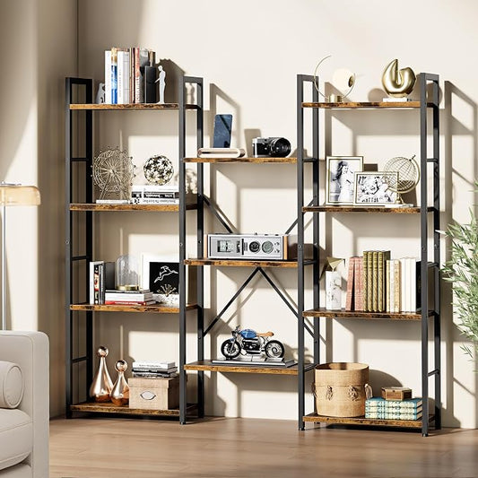 Shintenchi Triple Column 4 Tier Bookshelf, Industrial Large Bookcase Display Shelves, Large Etagere Bookshelf,Wide Book Shelf Book Case for Home & Office, Rustic Brown