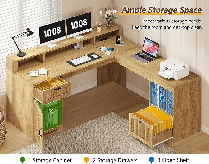 YOMILUVE 63" L Shaped Desk with Drawers, Farmhouse Corner Computer Desk with Power Outlets, Storage Cabinet, Home Office Executive Desk with Long Monitor Stand, Oak