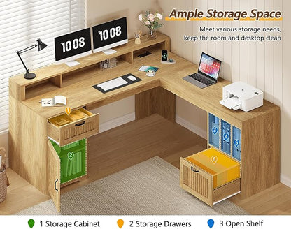 YOMILUVE 63" L Shaped Desk with Drawers, Farmhouse Corner Computer Desk with Power Outlets, Storage Cabinet, Home Office Executive Desk with Long Monitor Stand, Oak