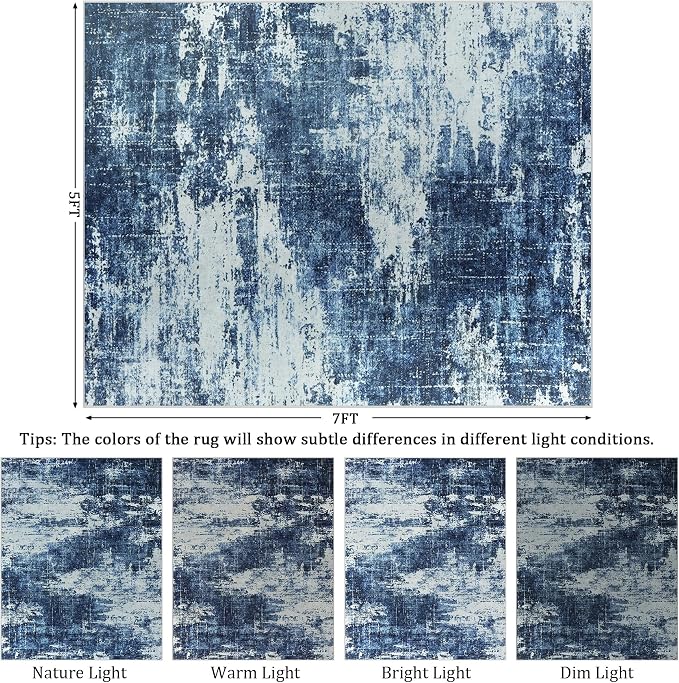 5x7 Area Rug Living Room Rugs - Washable Rug Large Modern Abstract Soft Thin Carpets Indoor Floor No Slip Vintage Carpet for Bedroom Under Dining Table Nursery Home Office Decor Deep Blue