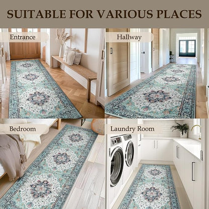 RELEANY Area Rugs Runner 2'x10' Washable Non-Slip, Floral Vintage Distress Medallion Carpet for Kitchen Hallway Bedroom Beside Laundry Room Bathroom, Green Navy Blue White Red Teal