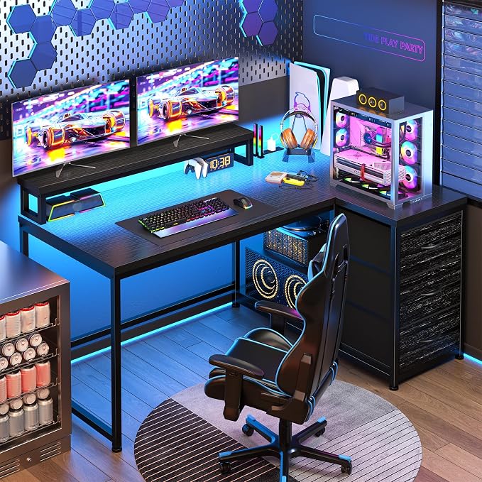 EnHomee 40 Inch Gaming Desk with 3 Drawers & 27.5'' Monitor Stand,Computer Desk with 3 AC and 1 Type-C Power Outlet and LED Lights, L Shaped Small Desk for Gaming,Study Room,Home Office,Bedroom,Black