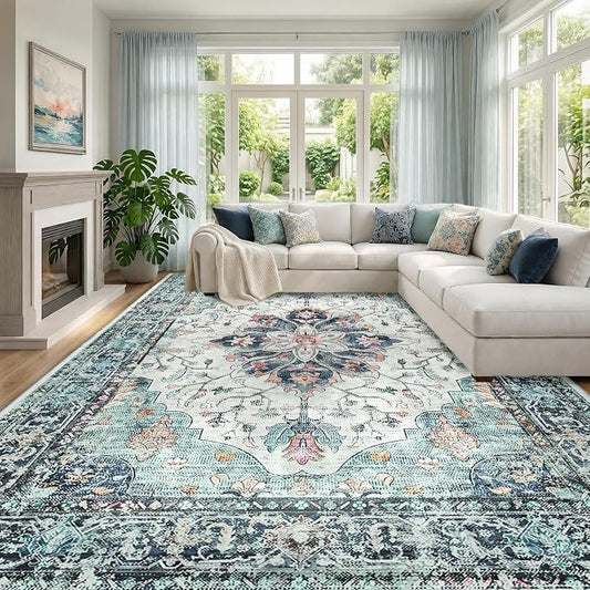 RELEANY Area Rugs Large 10'x12' Washable Non-Slip, Floral Vintage Distress Medallion Carpet for Living Room Bedroom Dining Room, Green Navy Blue White Red Teal