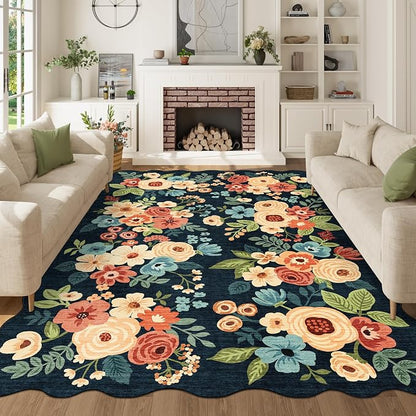 DUKINO 6x9 Area Rug, Floral Washable Rugs for Living Room with Non Slip Backing & Non-Shedding, Lightwight Low Pile Boho Design Large Carpets for Bedroom, Living Room, Dining Room, Navy Blue