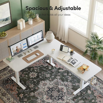 BANTI L-Shaped Standing Desk - 75 x 63 Inch Adjustable Corner Standing Desk with Charging Station - L Shape Sit Stand Table with Memory Controller, Splice Board for Home Office, White