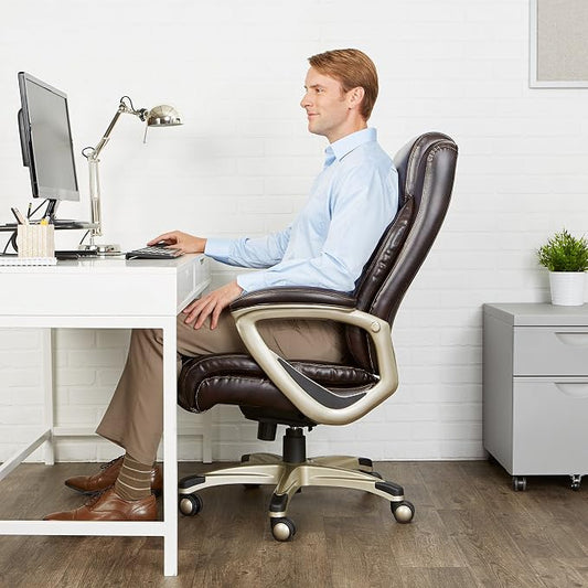 Amazon Basics Big and Tall Executive Office Chair with Lumbar Support, Adjustable Height, 360-Degree Swivel, 350-Pound Capacity, 28.5"D x 30.25"W x 47.9"H, Brown with Pewter Finish