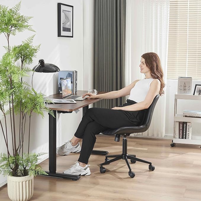 YOUNIKE Black Office Desk Chair with Wheels Comfy Armless Small Vanity Chair with Adjustable Rocking Back Modern Leather Upholstered Rolling Task Computer Chair Cute Swivel Drafting Chair Compact