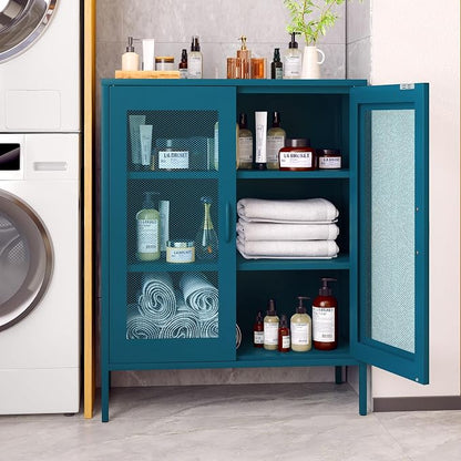 Washsemba Metal Storage Cabinet with Mesh Doors,Steel Display Cabinet with Adjustable Shelves,Metal Office Storage Locker for Home Office,Garage(Blue, 40''H)