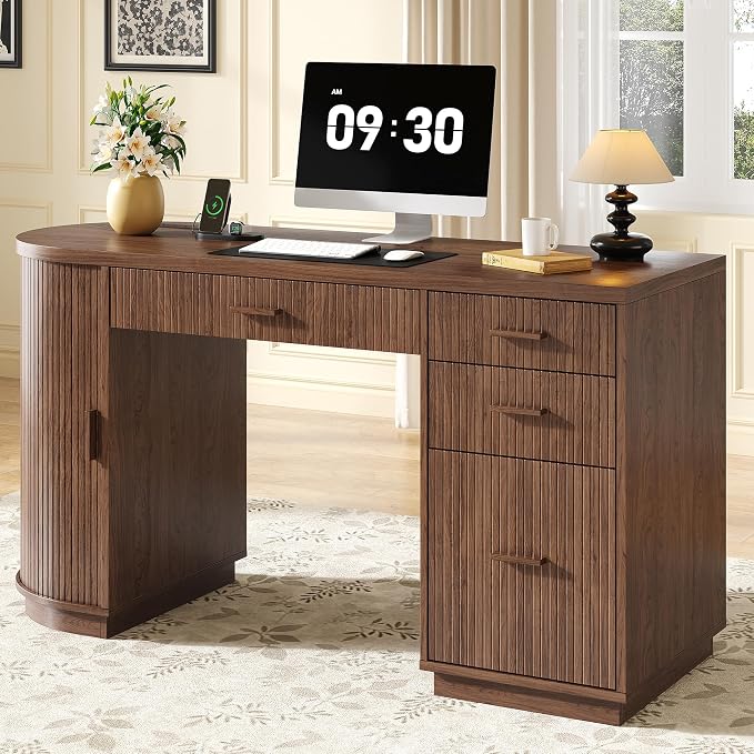 ONBRILL 58 Inch Fluted Executive Desk, Computer Desk with Storage Drawers & File Drawer, Modern Home Office Desk with Charging Station for Working, Studying, Writing, Walnut