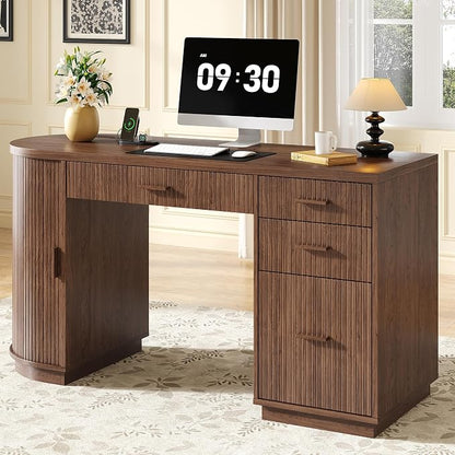 ONBRILL 58 Inch Fluted Executive Desk, Computer Desk with Storage Drawers & File Drawer, Modern Home Office Desk with Charging Station for Working, Studying, Writing, Walnut