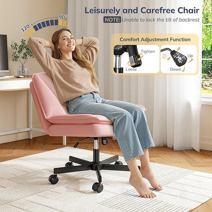 DurayLoly Criss Cross Office Chair with Wheels, Cross Legged Office Chair with 2 Layer Comfty Leather, Armless Wide Vanity Chair for Home Office, Pink