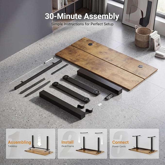 Claiks Electric Standing Desk, 55 x 24 Inch Height Adjustable Sit Stand Desk for Home Office, Computer Desk with Memory Presets, Cable Management & Headphone Hooks, 156 lbs Capacity, Rustic Brown