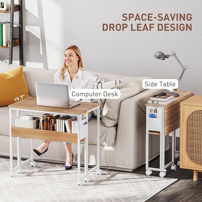 HOMCOM Small Folding Desk, Rolling Computer Desk Foldable with Storage Bag and Shelf, 31.5" Portable Writing Table on Wheels for Small Spaces, Home Office, Study, Easy Assembly, Natural Wood