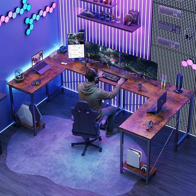 DUMOS L Shaped Desk, Computer Gaming Desks Corner Office Table with CPU Shelf for Home Study Writing Work Station 50 Inch, Sturdy Modern Design, Study, and Home Office Use, Rustic Brwon