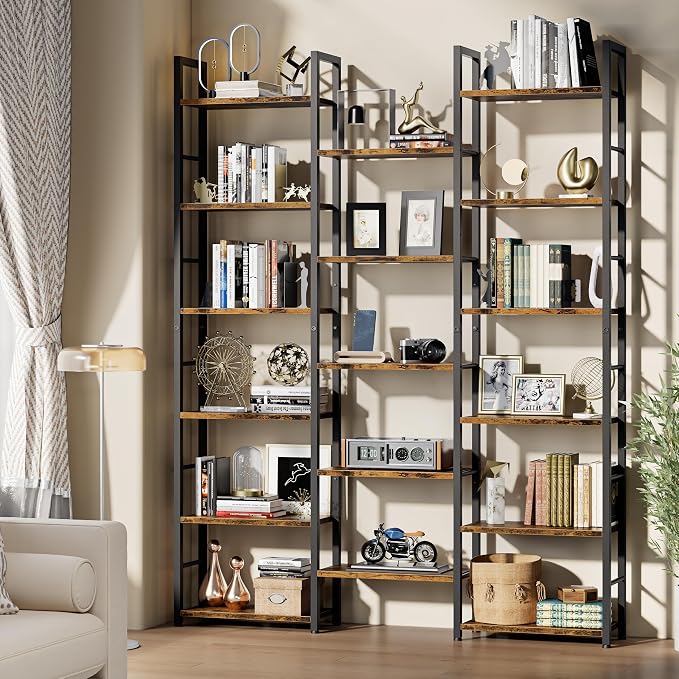 Shintenchi Triple Column 6 Tier Bookshelf, Industrial Large Bookcase Display Shelves, Large Etagere Bookshelf,Wide Book Shelf Book Case for Home & Office, Rustic Brown