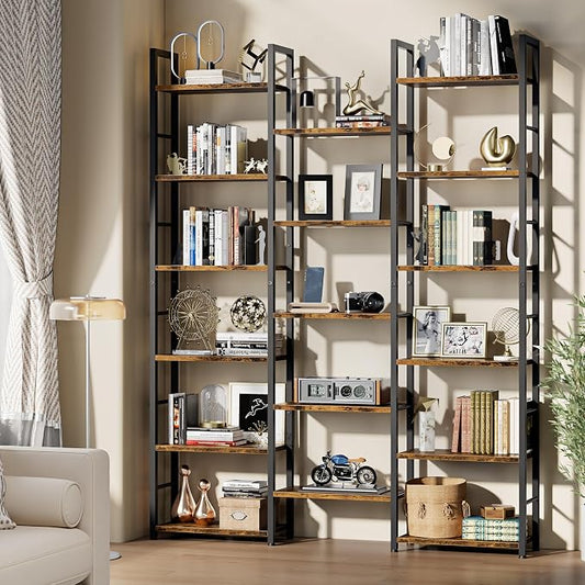 Shintenchi Triple Column 6 Tier Bookshelf, Industrial Large Bookcase Display Shelves, Large Etagere Bookshelf,Wide Book Shelf Book Case for Home & Office, Rustic Brown