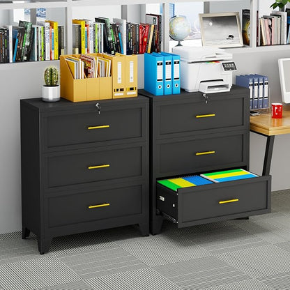 Metal Lateral File Cabinet with Lock,3 Drawer Steel Wide Filing Organization Storage Cabinets for Legal/Letter/A4/F4 Size with Hanging Files&Key,Lockable Printer Stand for Home Office, Black