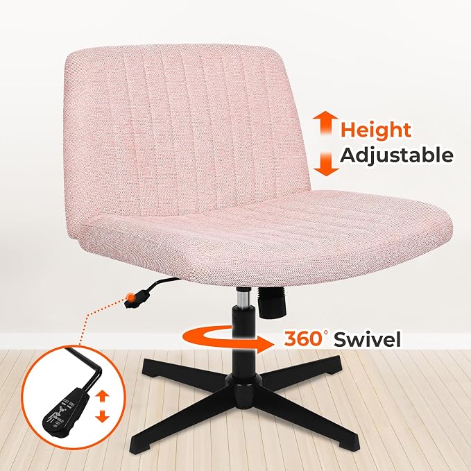 NEO Chair Criss Cross Chair No Wheel Vanity Desk Chair Wide Armless Cross Legged Office Comfy Makeup Adjustable Computer Task for Home Office Fabric (Pink)