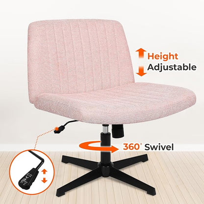 NEO Chair Criss Cross Chair No Wheel Vanity Desk Chair Wide Armless Cross Legged Office Comfy Makeup Adjustable Computer Task for Home Office Fabric (Pink)