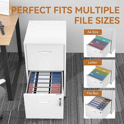 Polup 2 Drawer File Cabinet with Lock, White Filing Cabinets for Home Office, Metal Locking File Cabinet with Two Drawers, Light Duty File Storage Cabinet for Letter Size - Assembly Required