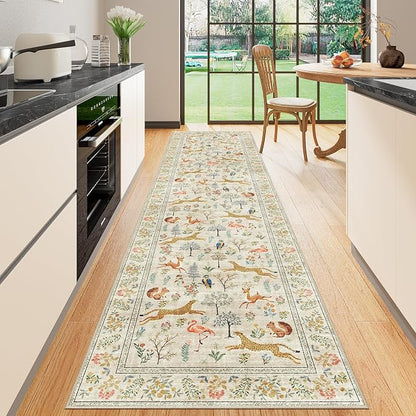 DUKINO Washable 2.6x10 Runner Rug, Non Slip Animal Print Runner Rug for Hallway, Vintage Low Pile & Stain Resistant Soft Indoor Carpet Runner for Kitchen, Bathroom, Laundry, Bedroom, Beige