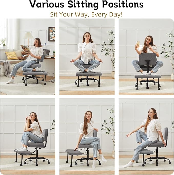 Criss Cross Legged Office Chair with Wheels,Swivel Meditation Chair for ADHD,Ergonomic Desk Chair with Thicken Adjustable Footstool,Fabric Sitting Fidgeting Kneeling Chair for Home Yoga Grey