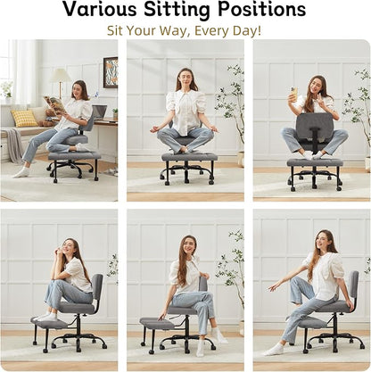 Criss Cross Legged Office Chair with Wheels,Swivel Meditation Chair for ADHD,Ergonomic Desk Chair with Thicken Adjustable Footstool,Fabric Sitting Fidgeting Kneeling Chair for Home Yoga Grey