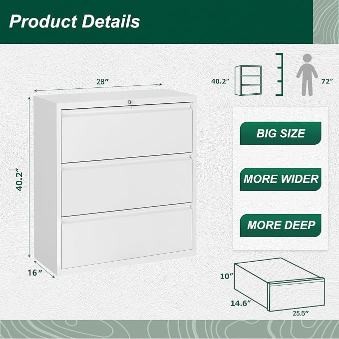 Superday Lateral File Cabinet 3 Drawer, White Filing Cabinets with Lock, Locking Metal File Cabinets Three Drawer Filing Cabinet for Home Office/Legal/Letter/A4/F4 Home Office