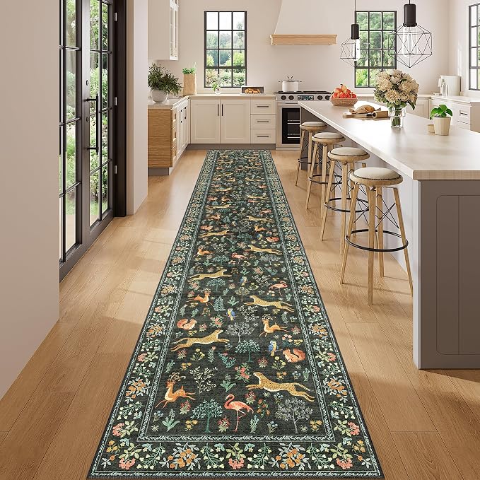 DUKINO 2x14 Runner Rug for Hallway, Vintage Non Slip Long Kitchen Rug with Washable Design, Soft Low Pile Animal Print Indoor Carpet for Hallway, Kitchen, Bathroom, Laundry, Black