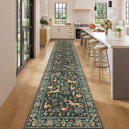 DUKINO 2x14 Runner Rug for Hallway, Vintage Non Slip Long Kitchen Rug with Washable Design, Soft Low Pile Animal Print Indoor Carpet for Hallway, Kitchen, Bathroom, Laundry, Black