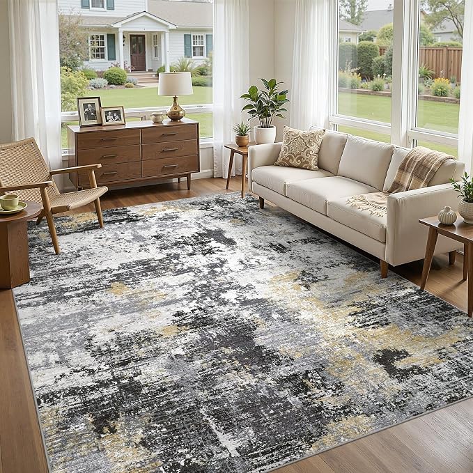 UERMEI 8x10 Area Rug for Living Room - Washable Neutral Modern Abstract Carpet, Non-Slip Soft Large Indoor Floor Rugs for Bedroom Home Office & Under Dining Table Decor, Black/White/Gold