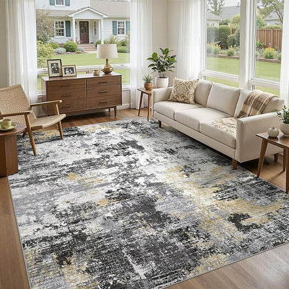 UERMEI 10x12 Area Rug for Living Room - Washable Neutral Modern Abstract Carpet, Non-Slip Soft Large Indoor Floor Rugs for Bedroom Home Office & Under Dining Table Decor, Black/White/Gold