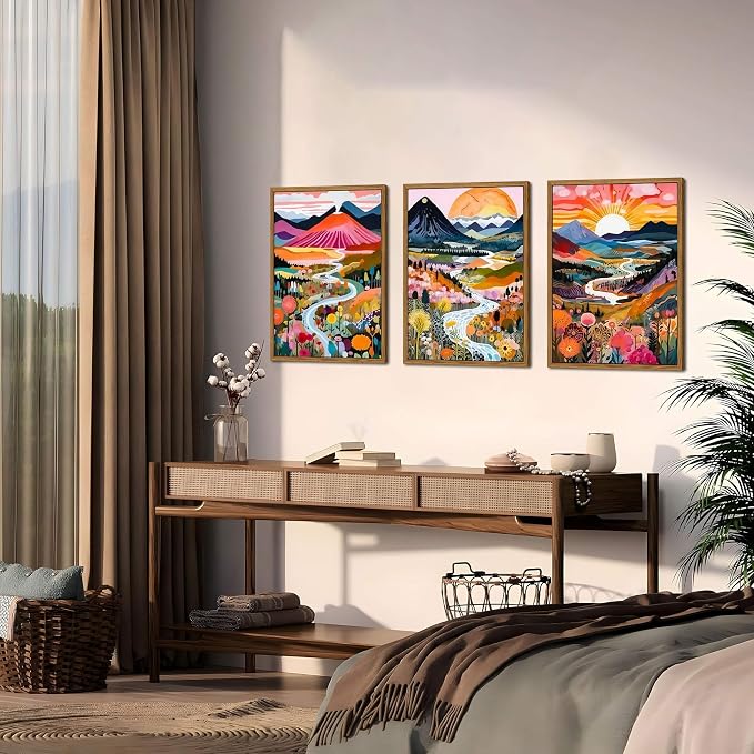 Floating Framed Boho Colorful Wall Art, Abstract Watercolor Mountain Landscape Wall Decor Painting Set of 3, Modern Flower Aesthetic Posters Prints for Living Room Bathroom Bedroom 12x16 Inch