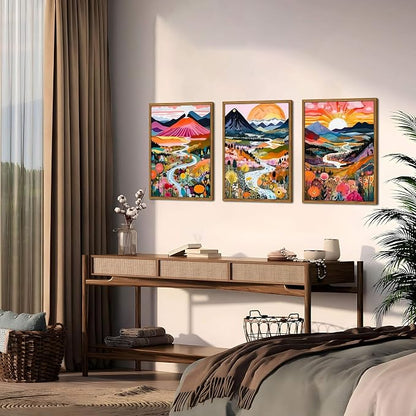 Floating Framed Boho Colorful Wall Art, Abstract Watercolor Mountain Landscape Wall Decor Painting Set of 3, Modern Flower Aesthetic Posters Prints for Living Room Bathroom Bedroom 12x16 Inch