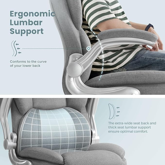 IWMH Executive Office Chair, Ergonomic Big and Tall Computer Desk Chair, High Back with Padded Flip-up Armrest, Lumbar Support Swivel Rolling Chair Grey