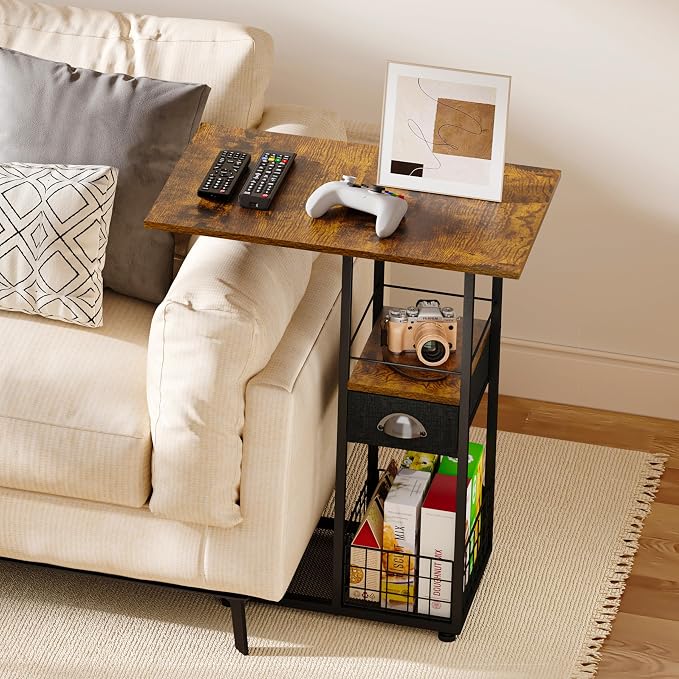 Rolling C-Shaped Side Table with Wheels and Oversized Wood Top, Mobile Overbed Stand with Drawer for Bed or Sofa, Metal Frame Couch Companion for Living Room, Bedroom, or Home Office (Large Desktop)