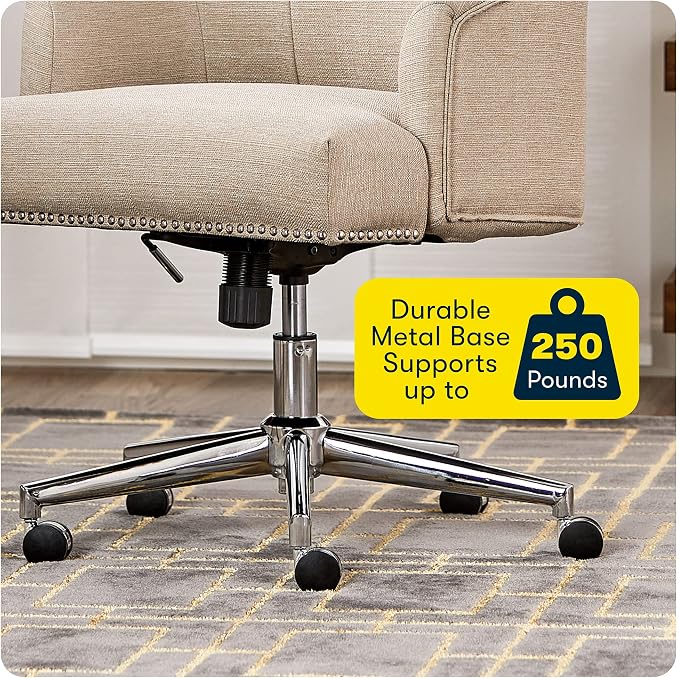 Serta Leighton Home Office Desk Chair, Mid-Back with Chrome Nailheads, Memory Foam Cushion and Padded Arms, Modern Makeup Vanity Armchair with Wheels, Swivel Base, Twill Fabric, Stoneware Beige