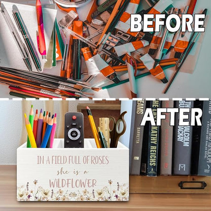 Wildflower Nursery Decor Pen Pencil Holder Organizer for Desk, Girl Nursery Decor, in a Field Full of Roses She Is a Wildflower Wooden Box Sign for Girly Room Bedroom Desk Tabletop Decorations