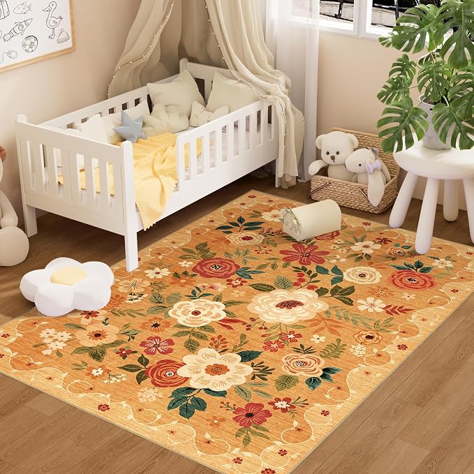 DUKINO 4x6 Area Rug, Lightweight Non Slip Washable Floral Rug, Indoor Low Pile & Non-Shedding Boho Design Rugs for Bedroom, Living Room, Dining Room, Orange
