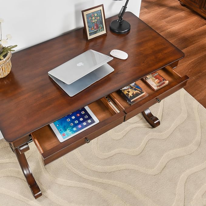 Farmhouse Oak Laptop Desk, Home Office Desks with 2 Storage Drawers, 47.2" Large Work Desk with Curved Legs, Secretary Desk for Home Office, Easy Assembly Vanity Desk, Study Table Station SSZD0036