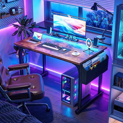 DurayLoly 40" Computer Desk with Waterproof LED Lights,Bedroom Study Desk for Teens,Dorm Room Essentials,Headphone Hook&Storage Bag for Small Spaces,Sturdy Metal Frame,Rustic Brown