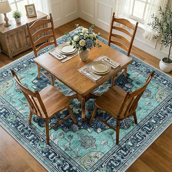 RELEANY Area Rugs Square 7ft Washable Non-Slip, Floral Vintage Distress Medallion Carpet for Living Room Bedroom Dining Room, Teal Green Lake Blue Turquoise