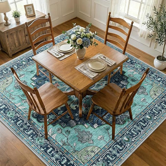 RELEANY Area Rugs Square 7ft Washable Non-Slip, Floral Vintage Distress Medallion Carpet for Living Room Bedroom Dining Room, Teal Green Lake Blue Turquoise
