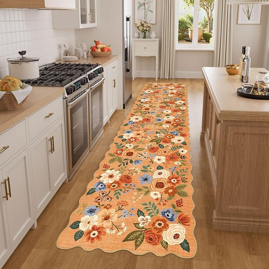 DUKINO 2x8 Washable Runner Rug, Lightweight Soft Floral Hallway Rug Runner with Low Pile Design, Non Shedding & Non Slip Backing Thin Indoor Carpet for Bedroom, Bathroom, Entrance, Kitchen, Orange