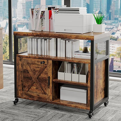 FUSUNBAO Farmhouse Printer Stand with Storage, Printer Table with Charge Station and Wheels, Rolling Printer Cabinet with Shelves, Printer Cart, and File Cabinet for Home Office Storage(Rustic Brown)