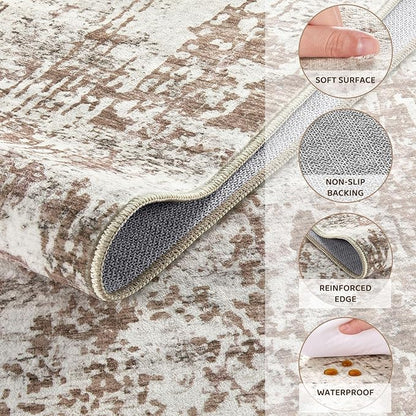 UERMEI 8x10 Washable Area Rug - Neutral Modern Abstract Living Room Rugs, Non-Slip Soft Large Indoor Floor Carpet for Bedroom Home Office & Under Dining Table Decor, Brown/Grey/Red