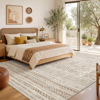 Nakagishi Area Rug Living Room Rugs: 9x12 Large Soft Machine Washable Boho Moroccan FarmNeutral Stain Resistant Indoor Floor Carpet for Bedroom Under Dining Table Home Office Decor-Brown